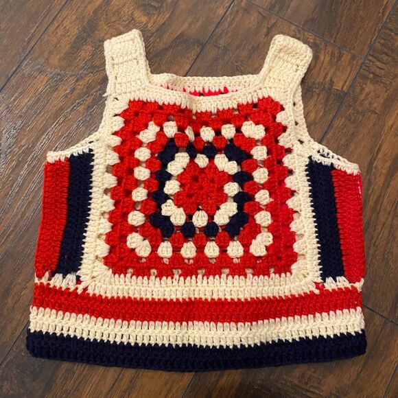 Homemade size Small Red White and Blue Americana Crochet Knit Cropped Tank Top - Picture 4 of 6